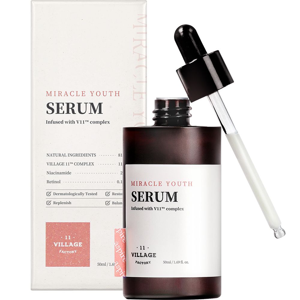 Serumflasche mit Pipette und Verpackung. Aufschrift: Miracle Youth Serum, Infused with V11™ complex. Label mit Logo.
