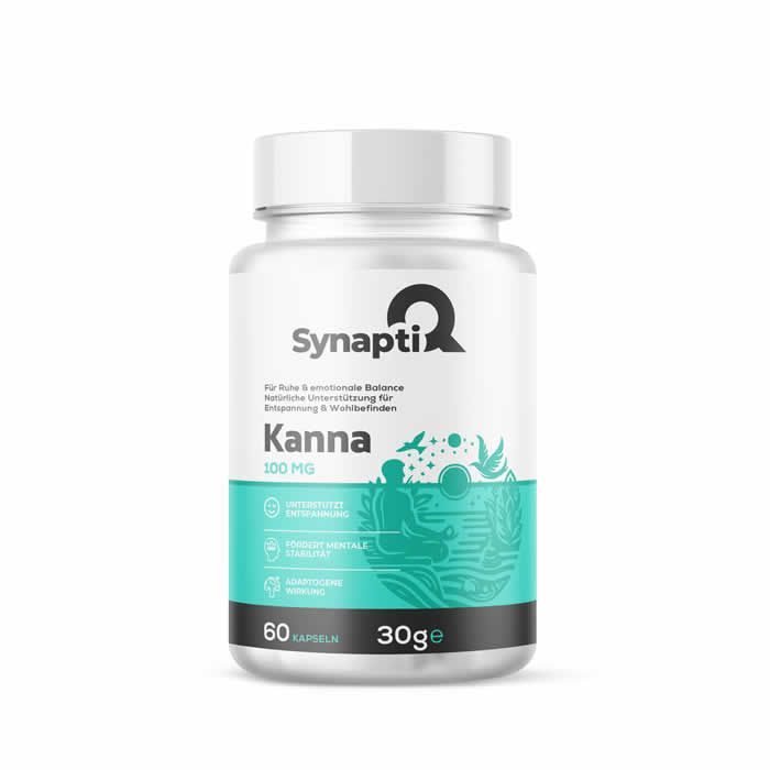Weißes Pillenfläschchen mit grünem Etikett. Aufschrift: SynaptiQ Kanna 100 MG. 60 Kapseln, 30g.