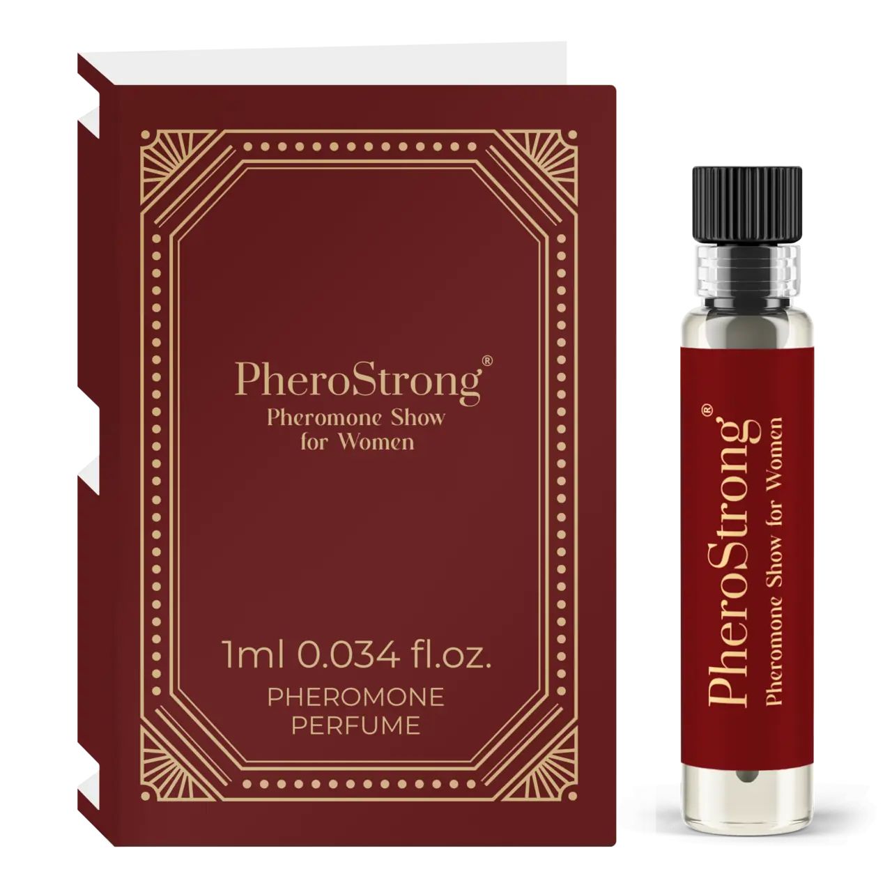Flakon und Verpackung. Aufschrift: PheroStrong Pheromone Show for Women. Volumen: 1 ml. Dunkelrotes Etui mit goldenen Verzierungen.