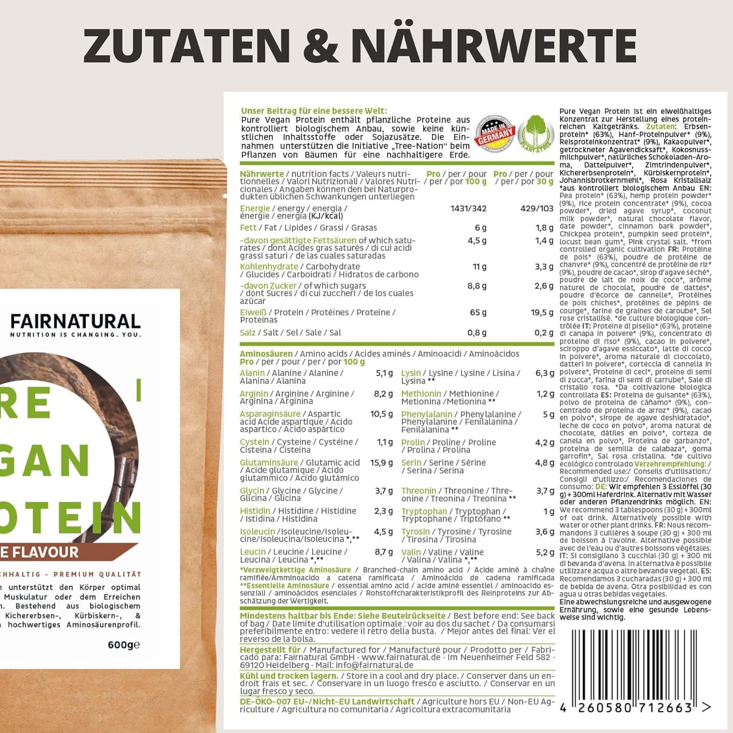 Nährwerttabelle und Zutatenliste. Pure Vegan Protein. Bio-Zertifizierung. 600g Packung. Informationen in Deutsch und Englisch.