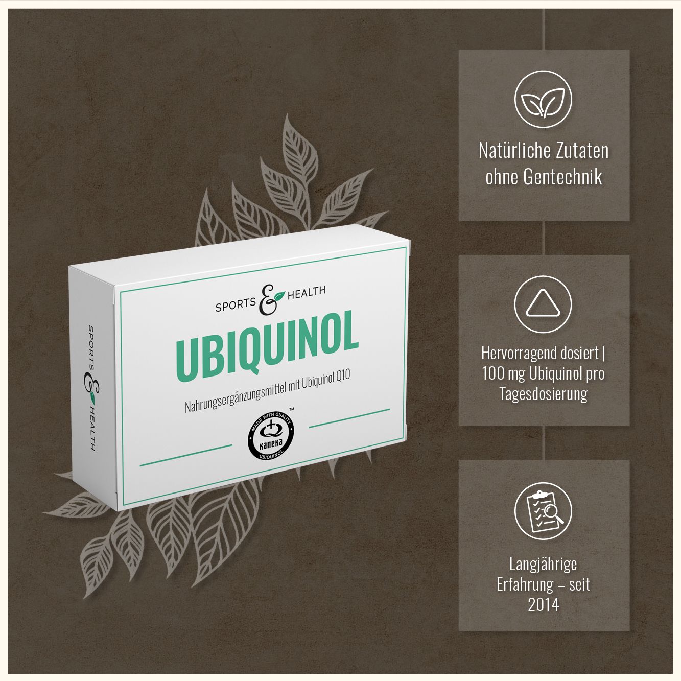 Weiße Schachtel mit Text: UBIQUINOL, SPORTS & HEALTH. Logo: Kaneka Ubiquinol. Text: 100 mg pro Tagesdosis, seit 2014.