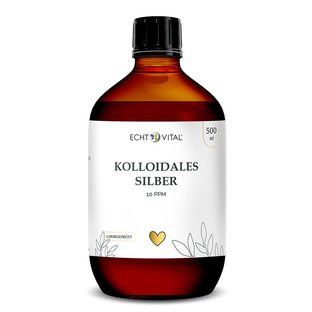 Braune Flasche mit schwarzem Deckel. Etikett: Echt Vital Kolloidales Silber 10 ppm. 500 ml.