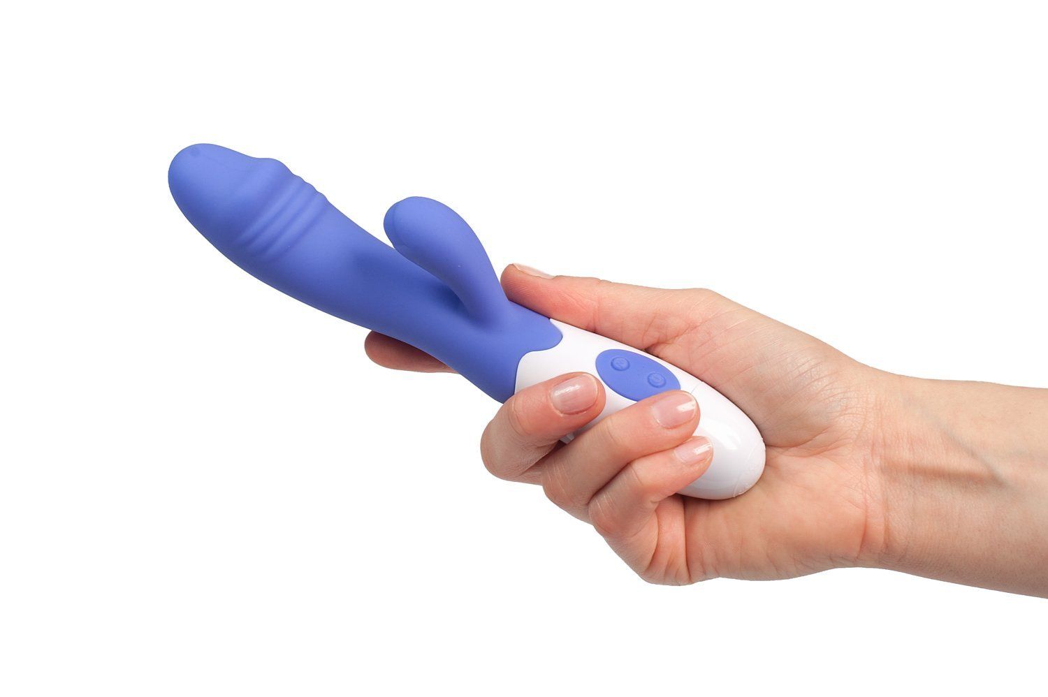 Penisvibrator in einer Hand gehalten. Lila und weiß. Zwei Knöpfe.