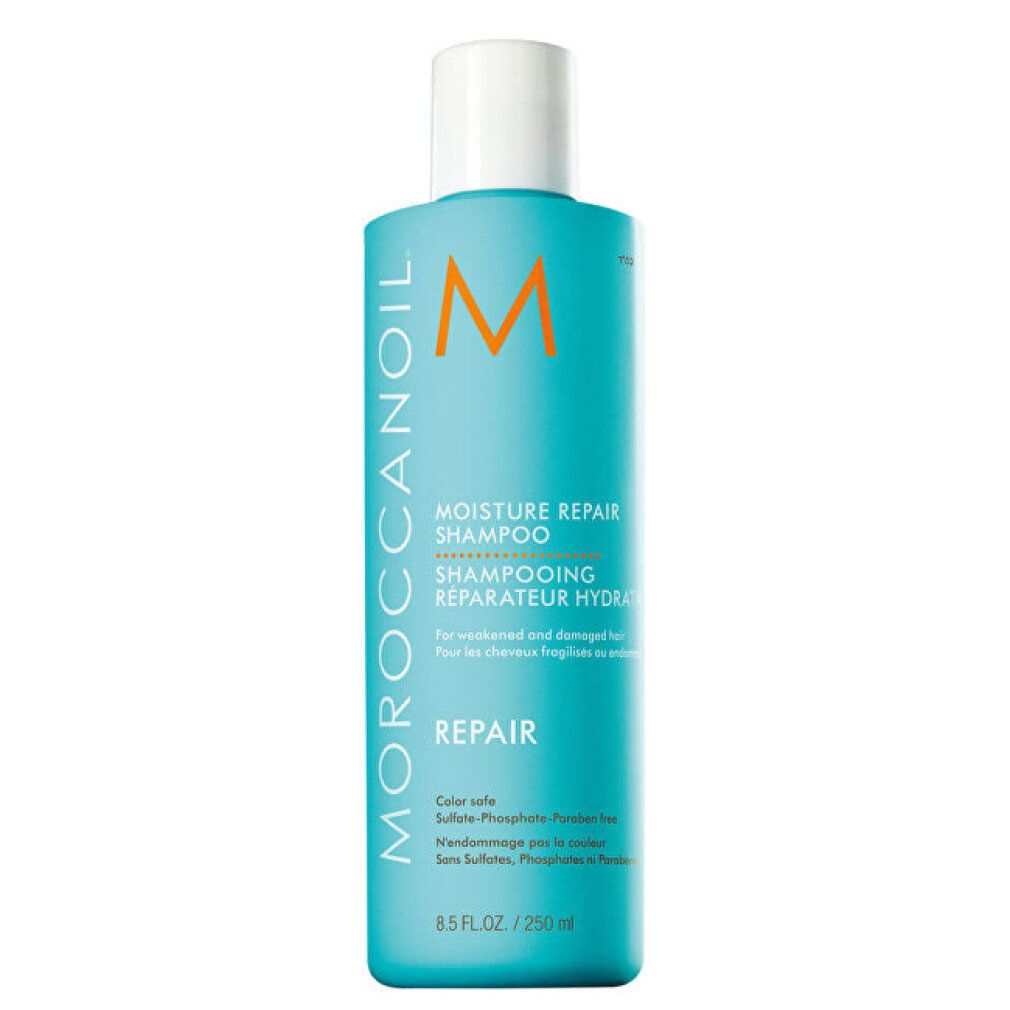 Türkisfarbene Flasche mit weißem Deckel. Aufschrift: Moroccanoil, Moisture Repair Shampoo, Repair. 250ml.
