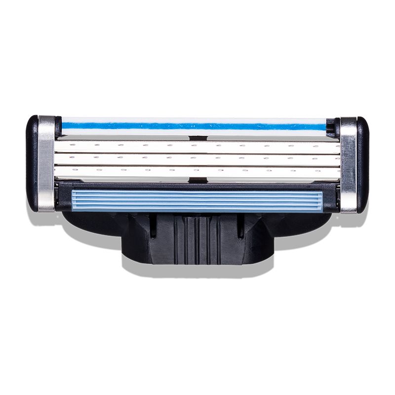 Ersatzklingen für Gillette MACH3 Rasierer. Drei Klingen mit blauen Streifen. Schwarzer Kunststoff.