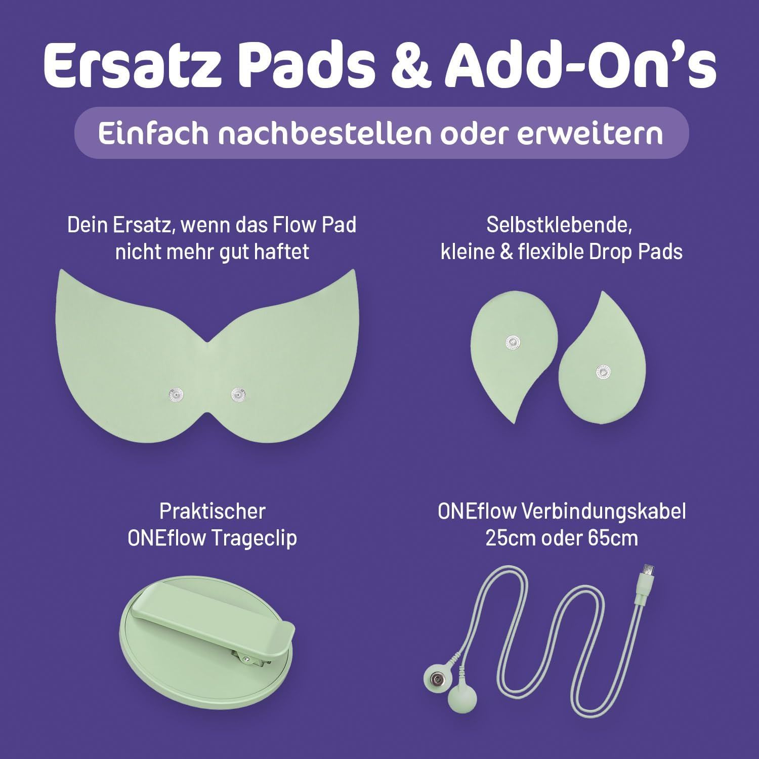 Ersatzteile und Zubehör für ONEFLOW: Flow Pad, Drop Pads, Trageclip und Ladekabel. Zubehör nicht im Set enthalten.