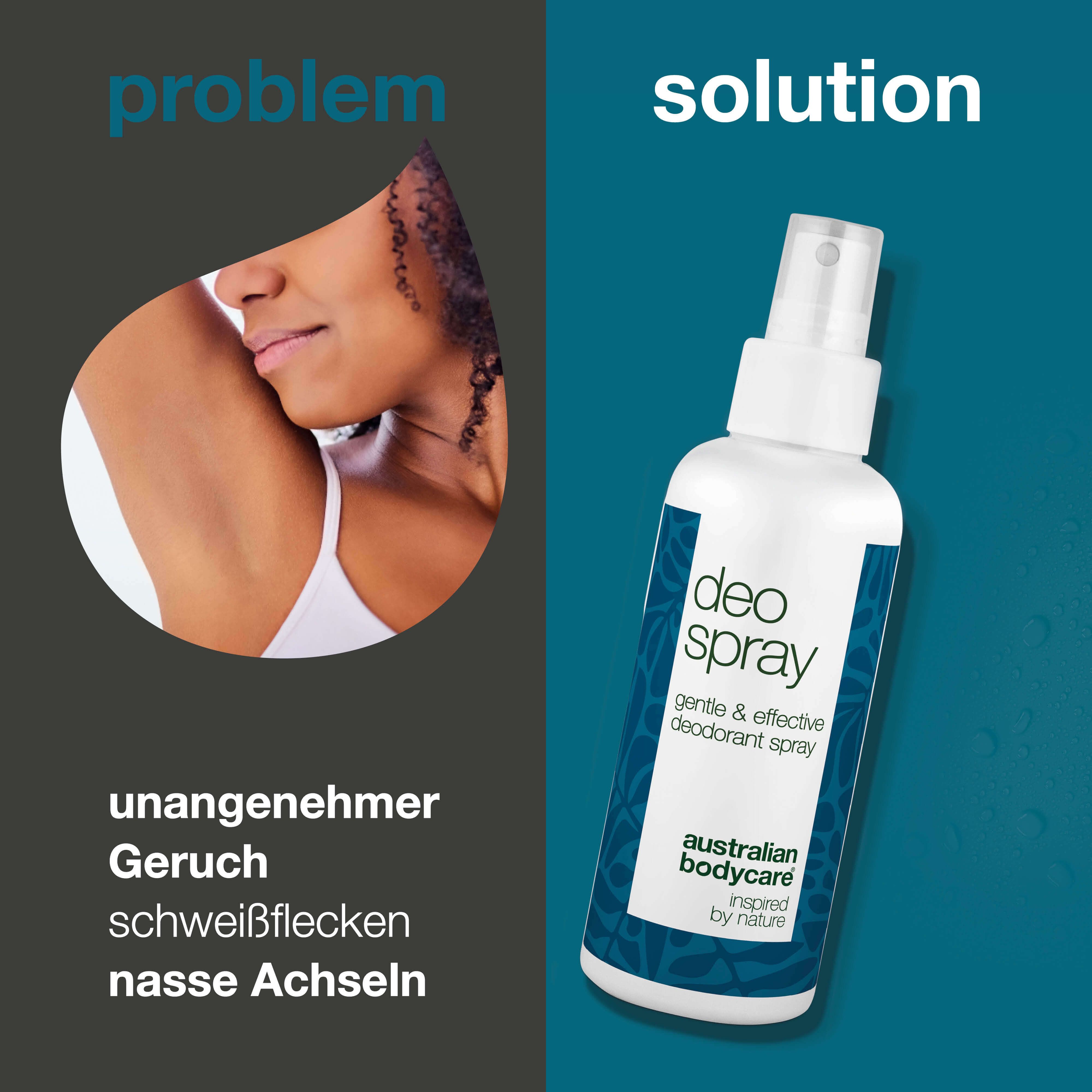 Bild zeigt eine Frau und eine Deospray-Flasche. Text: Deo Spray, Australian Bodycare. Problem: Geruch, Achseln.