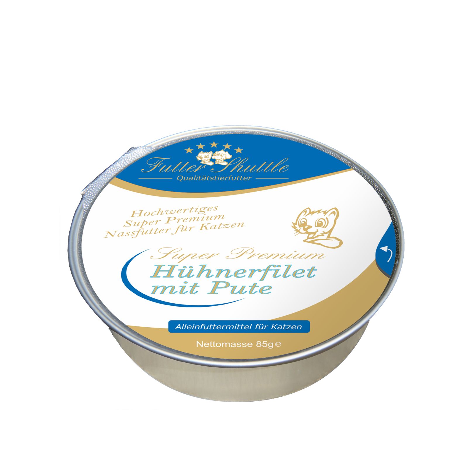 Runde Dose Katzenfutter. Aufschrift: Super Premium Hühnerfilet mit Pute. Marke: Futter Shuttle. Nettomasse 85g.