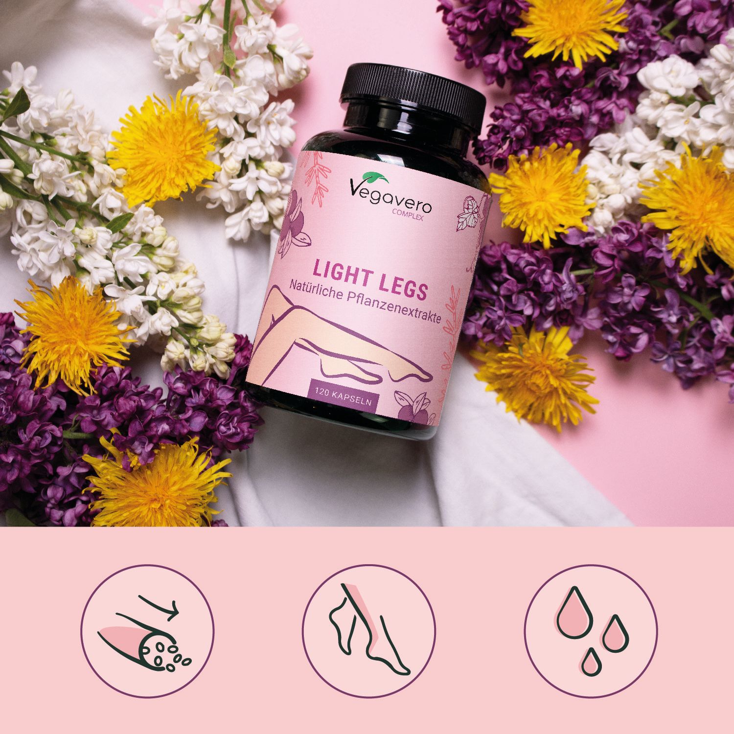 Braune Flasche mit Kapseln, umgeben von Blumen. Aufschrift: LIGHT LEGS, 120 Kapseln. Marke: Vegavaro.