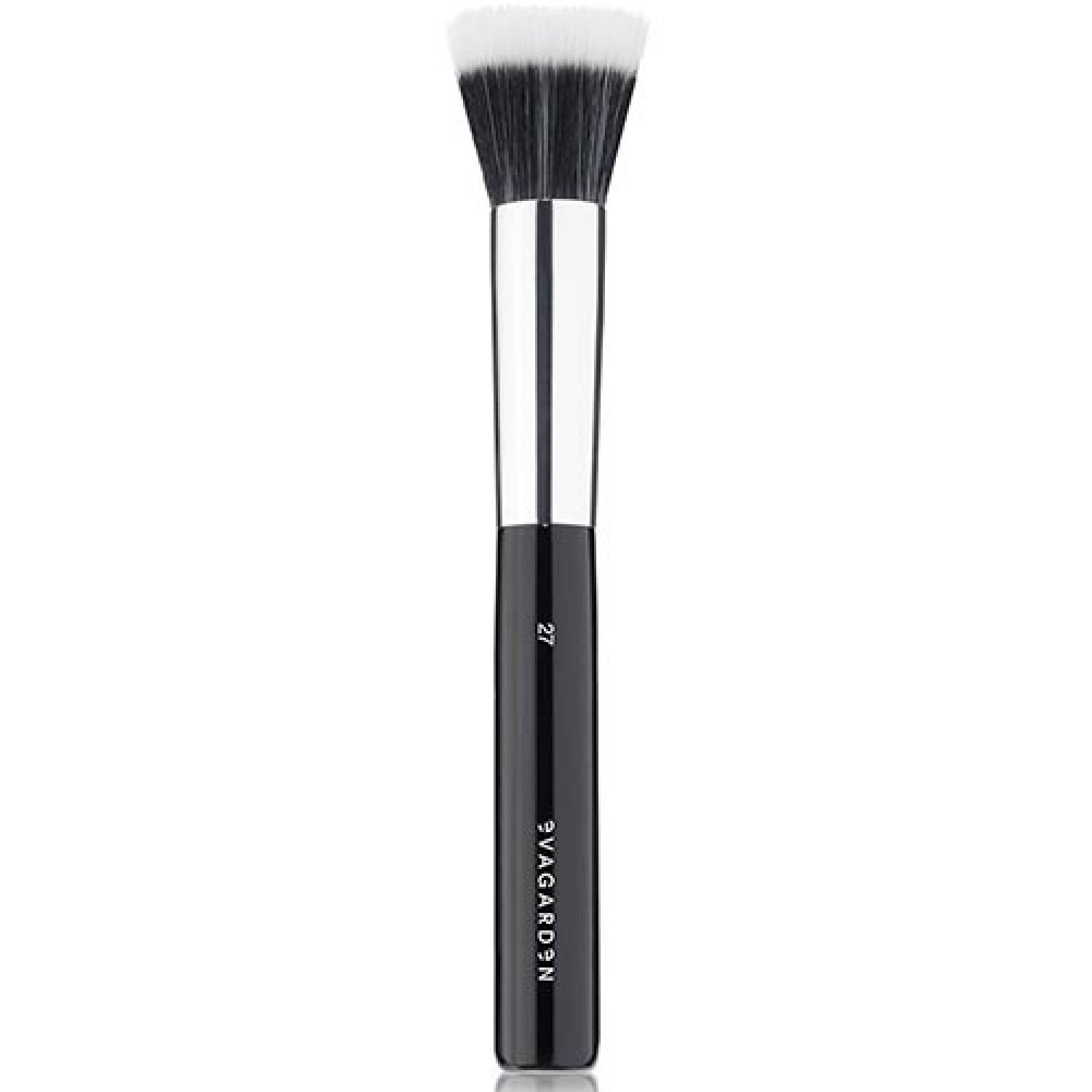 Make-up Pinsel mit schwarzem Griff, silberner Zwinge und weiß-schwarzen Borsten. Auf dem Griff steht "EVA GARDEN" und die Nummer "27".