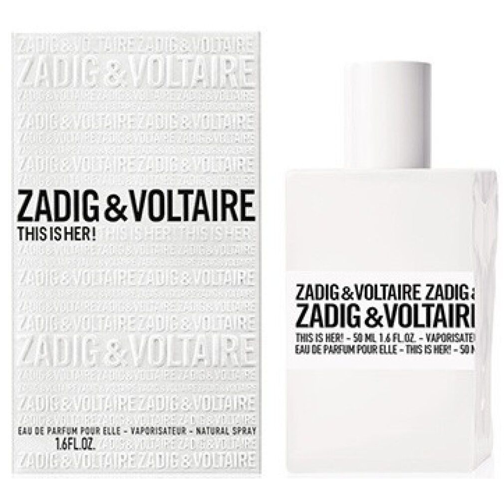Weißer Flakon und Verpackung. Aufschrift: Zadig & Voltaire, This is Her! und weitere Details.