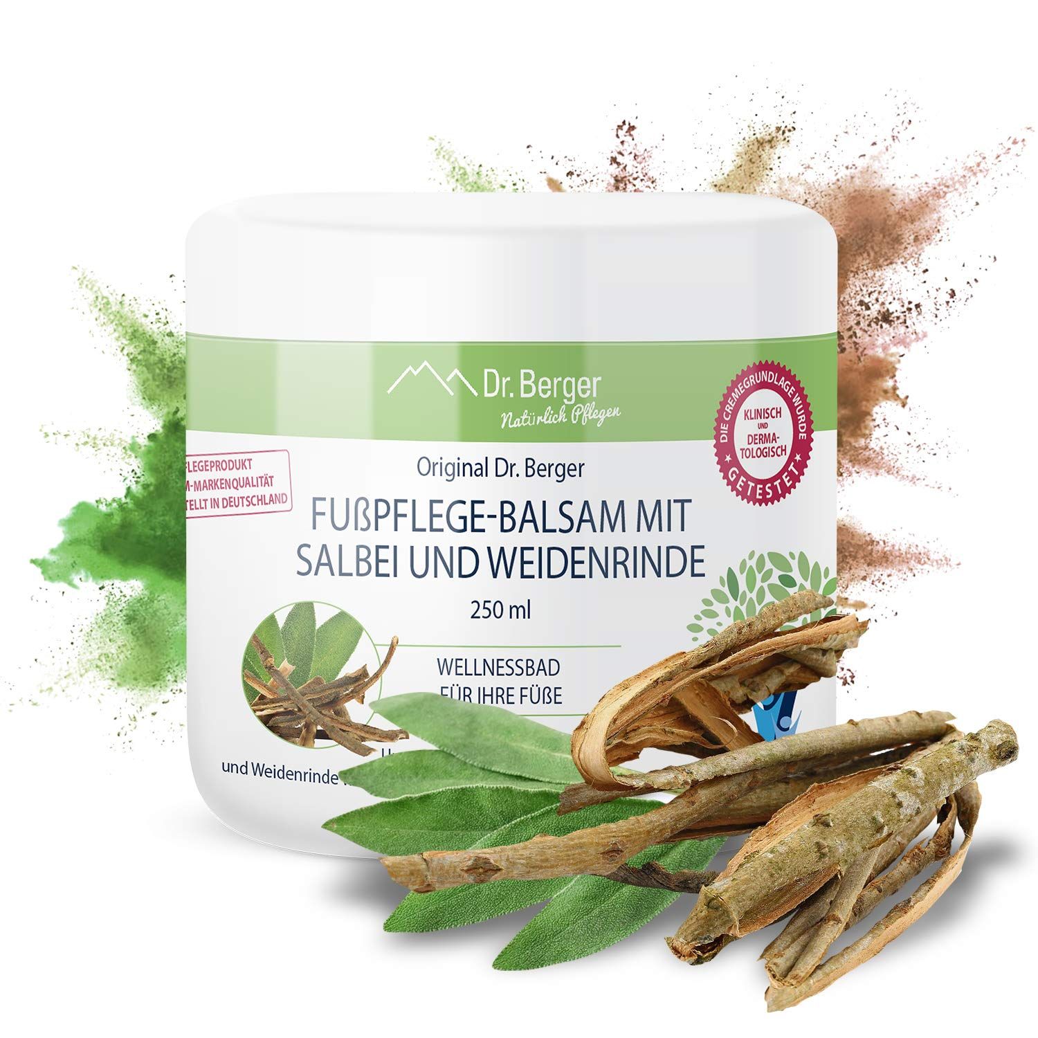 Weißer Tiegel mit grünem Etikett. Text: Fußpflege-Balsam mit Salbei und Weidenrinde. Kräuter und Blätter daneben.