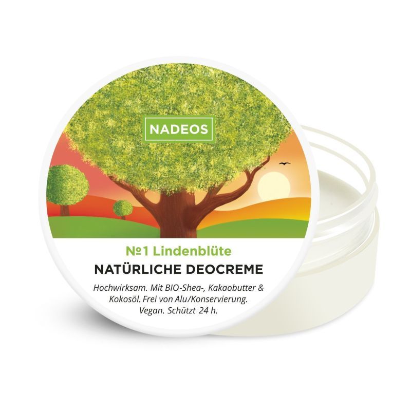 Deocreme in einem transparenten Tiegel. Auf dem Deckel: Baum-Illustration mit Text: NADEOS, NATÜRLICHE DEOCREME, Nr. 1 Lindenblüte.