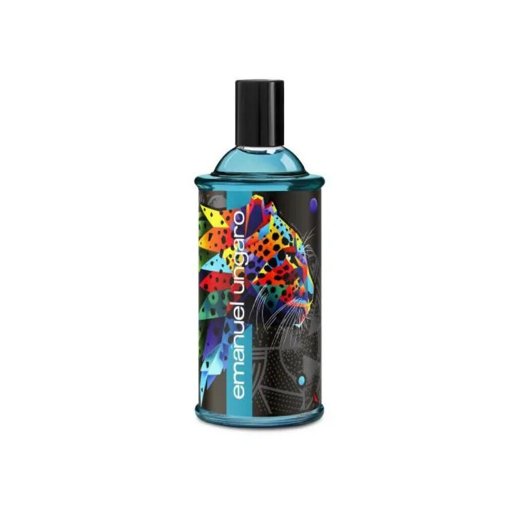 Parfümflasche mit blauem Inhalt und schwarzem Verschluss. Aufdruck: Emanuel Ungaro, Leopard-Design in bunten Farben.