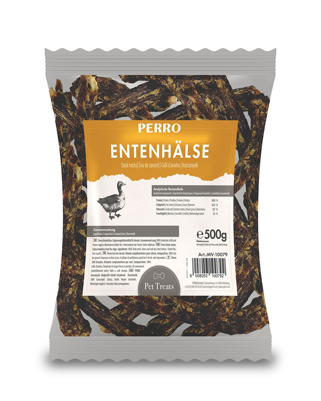 Verpackung mit PERRO Entenhälse. Aufdruck mit Produktname, Enten-Illustration und Nährwertangaben. Inhalt 500g.