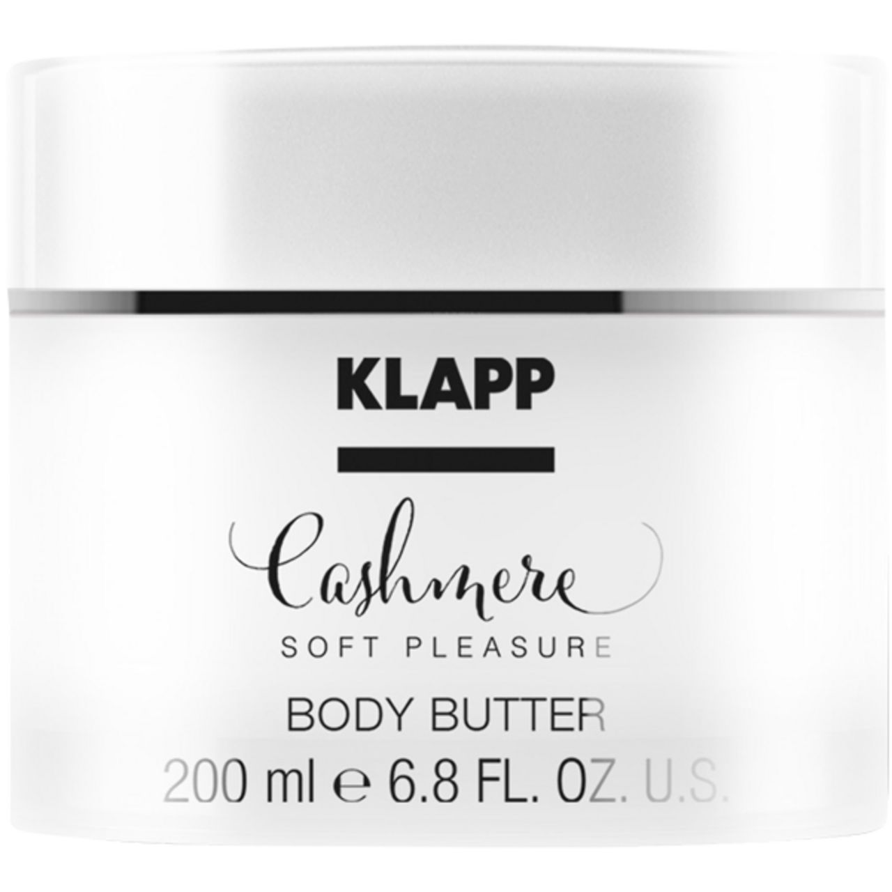 Klapp Cashmere Body Butter. Weißes Glas mit Deckel. Produktname und Schriftzug auf der Vorderseite. Volumenangabe.