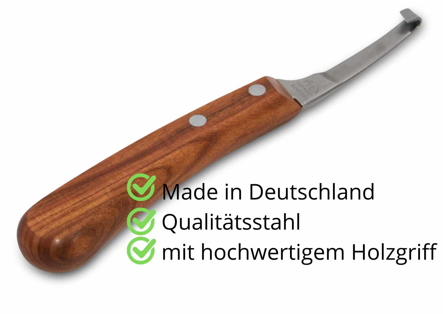Hufmesser mit Holzgriff. Text: Made in Deutschland, Qualitätsstahl, mit hochwertigem Holzgriff. Grüner Haken.