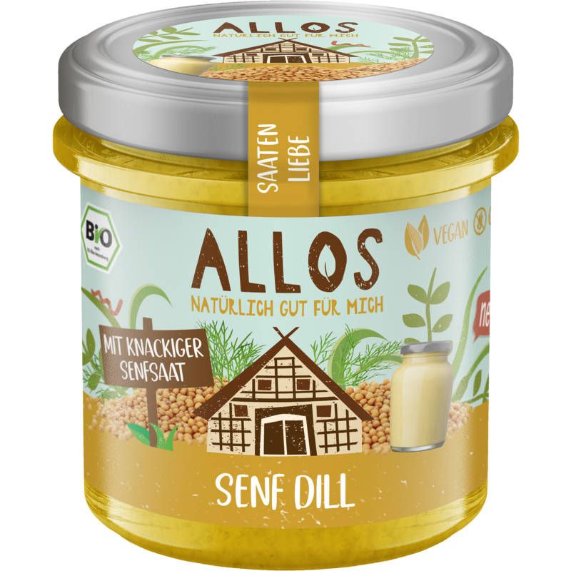 Glas mit Senf Dill. Aufschrift: ALLOS, BIO, Vegan. Mit knackiger Senfsaat. Deckel mit Aufschrift Saaten Liebe.
