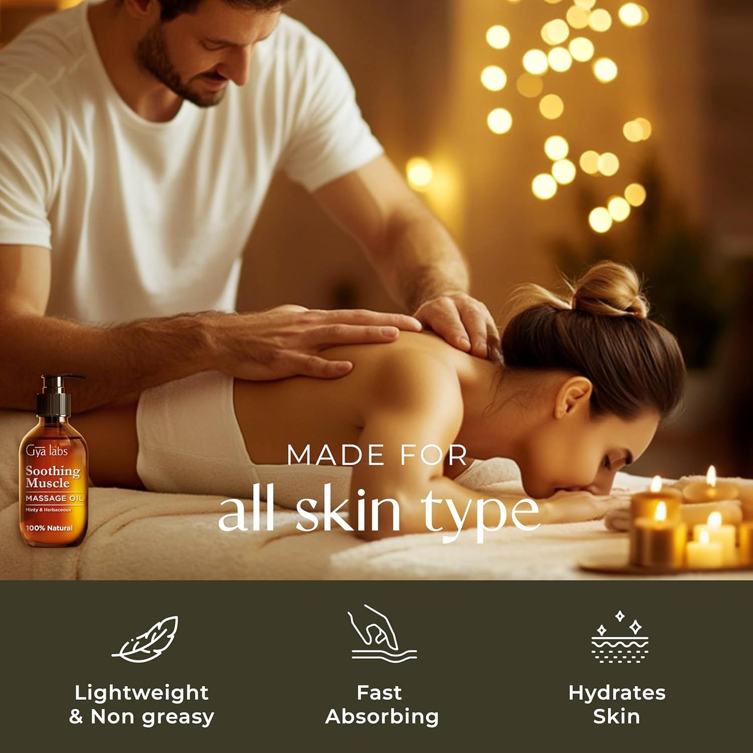 Personen bei einer Massage. Massageölflasche sichtbar. Text: Made for all skin type. Eigenschaften: leicht, nicht fettend, schnell einziehend, hydratisiert die Haut.