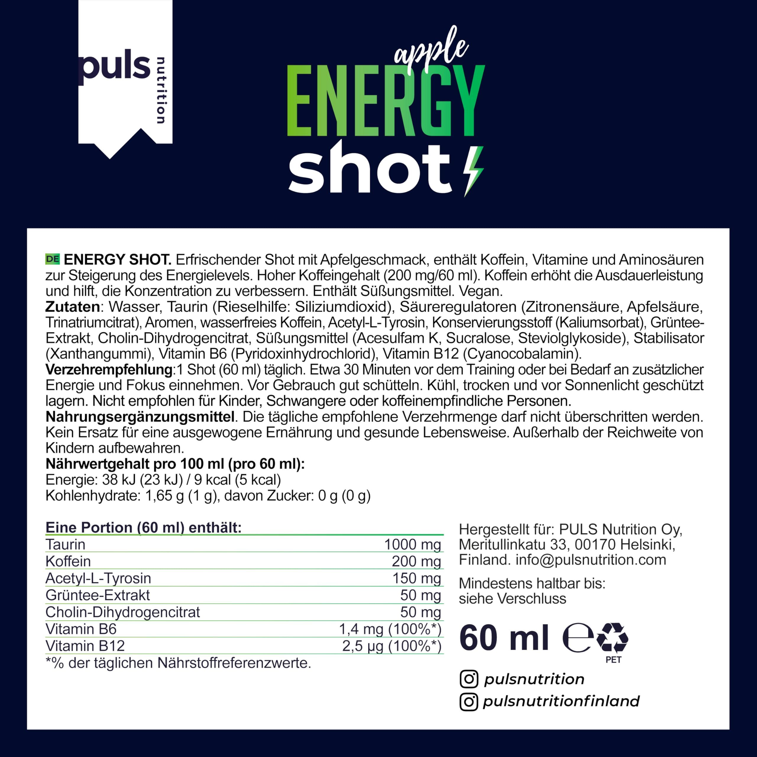 Rückseite einer Puls Nutrition Energie Shot Apfel Flasche mit Nährwertangaben und Inhaltsstoffen.