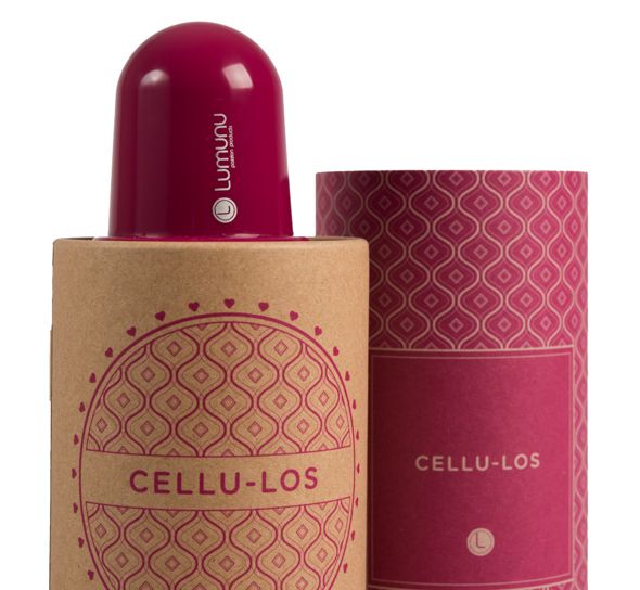 Magenta Anti-Cellulite-Sauger "Cellu-Los" in Verpackung. Zylinderförmige Pappschachtel.