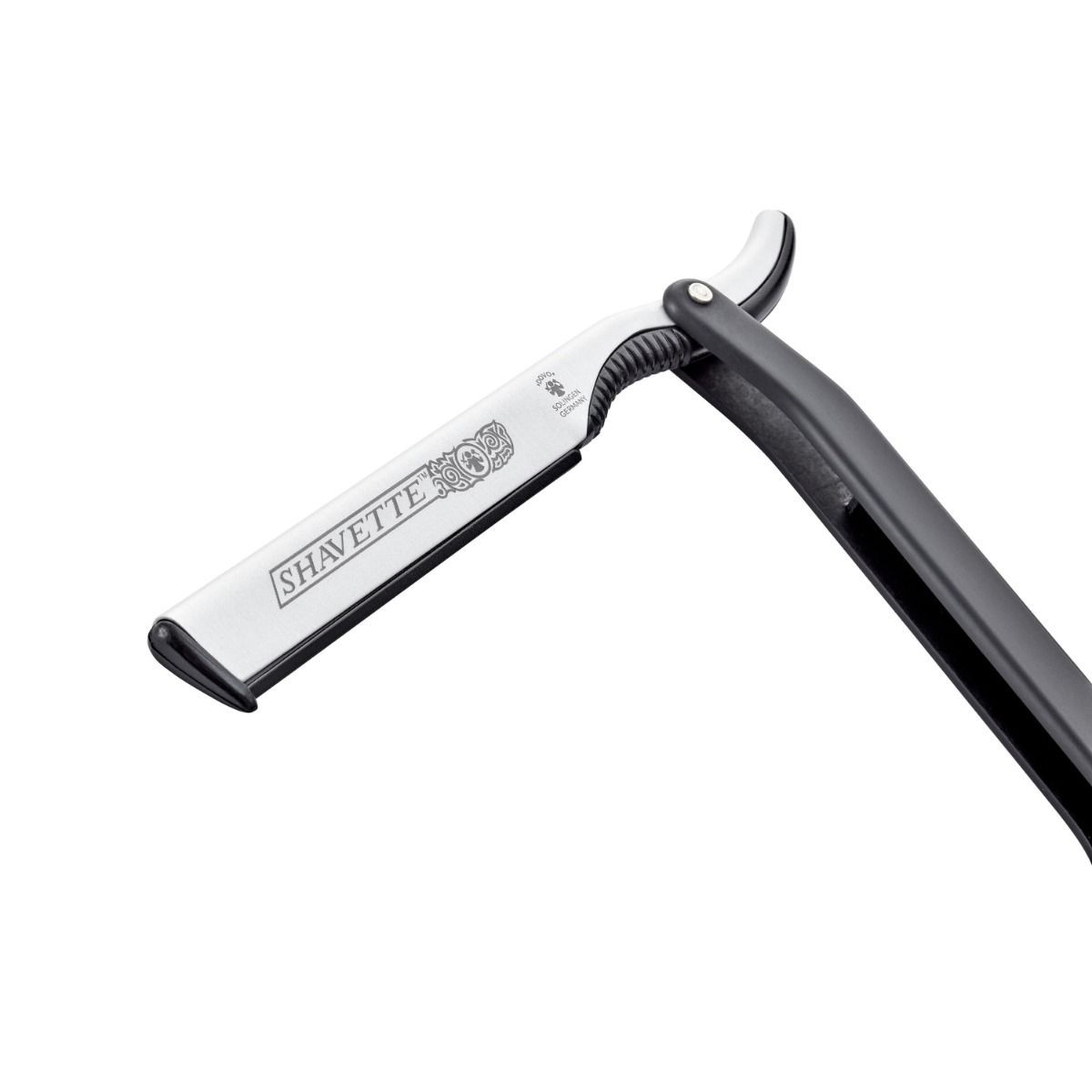 Rasierer, geöffnet. Schwarzer Griff, silberne Klinge mit Schriftzug SHAVETTE. Metall.