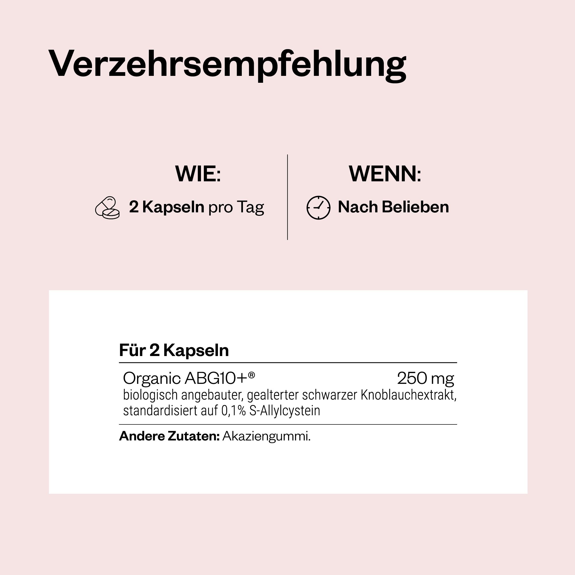 Infografik mit Verzehrempfehlung für ABG10+®: 2 Kapseln pro Tag. Inhaltsstoffe: 250 mg ABG10+®, Akaziengummi.