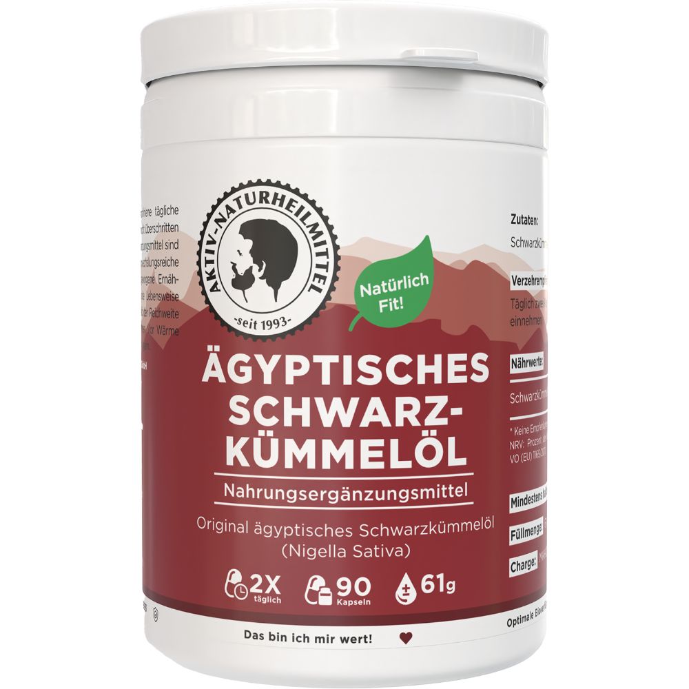 Weißer Behälter mit rotem Etikett. Aufschrift: Ägyptisches Schwarzkümmelöl. Nahrungsergänzungsmittel. Logo: Aktiv Naturheilmittel.
