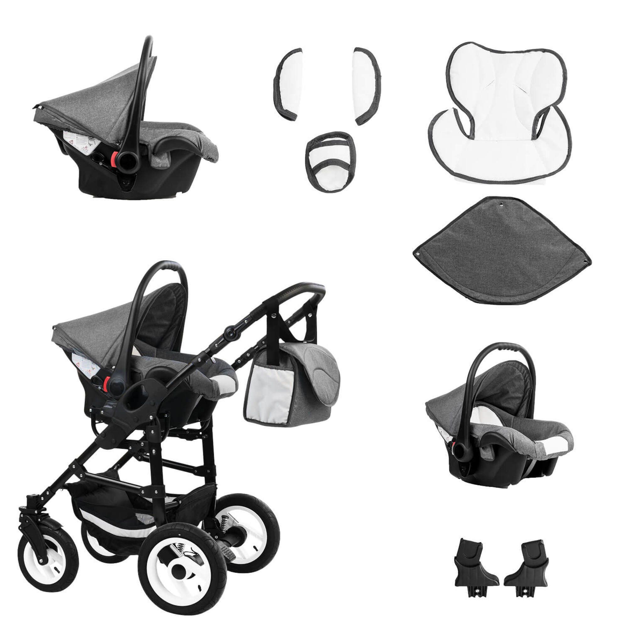 Bebebi Florenz 4 in 1 Kinderwagen Komplettset ISOFIX Basis Luftreifen, Marco Darkgrey Black