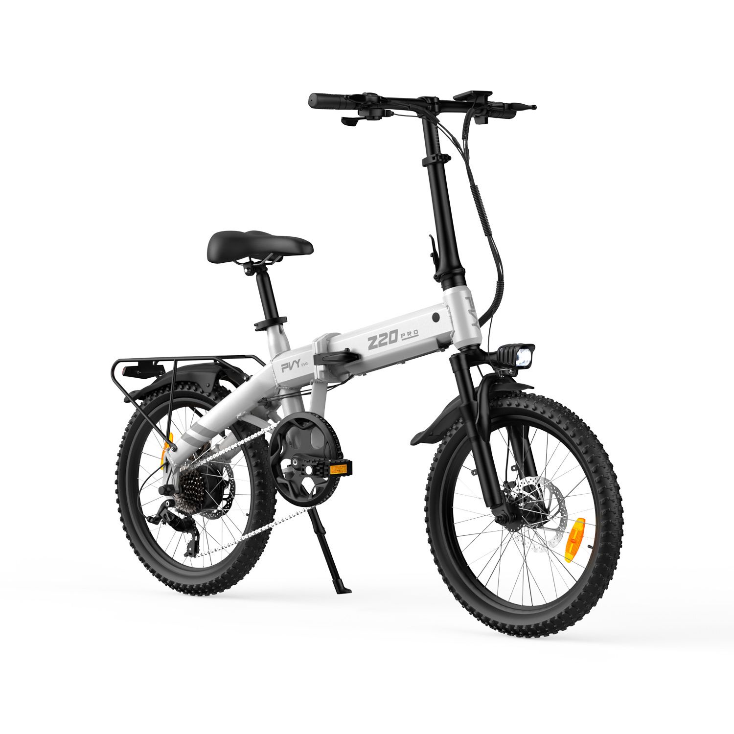 Faltbares E-Bike, weiß mit schwarzen Elementen. Z20-Logo, PVY-Logo, Gepäckträger, Scheinwerfer, Schutzbleche.