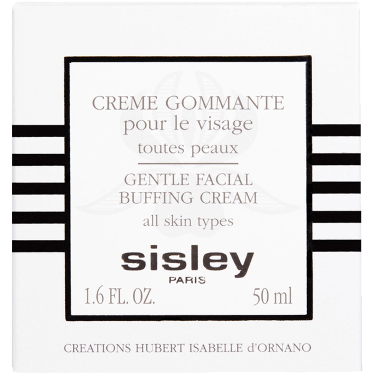 Weiße Verpackung mit Text: Creme Gommante pour le visage, Gentle Facial Buffing Cream, Sisley Paris. 1.6 FL. OZ. 50 ml.