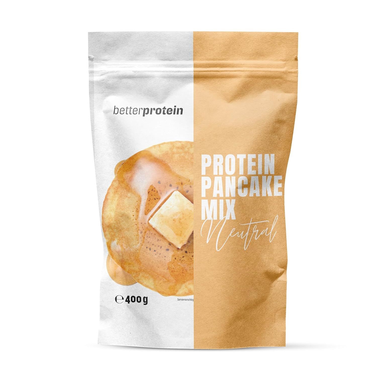 Protein Pancake Mix Beutel. Aufschrift: 400g, betterprotein. Abbildung von Pfannkuchen mit Butter. Neutrale Verpackung.