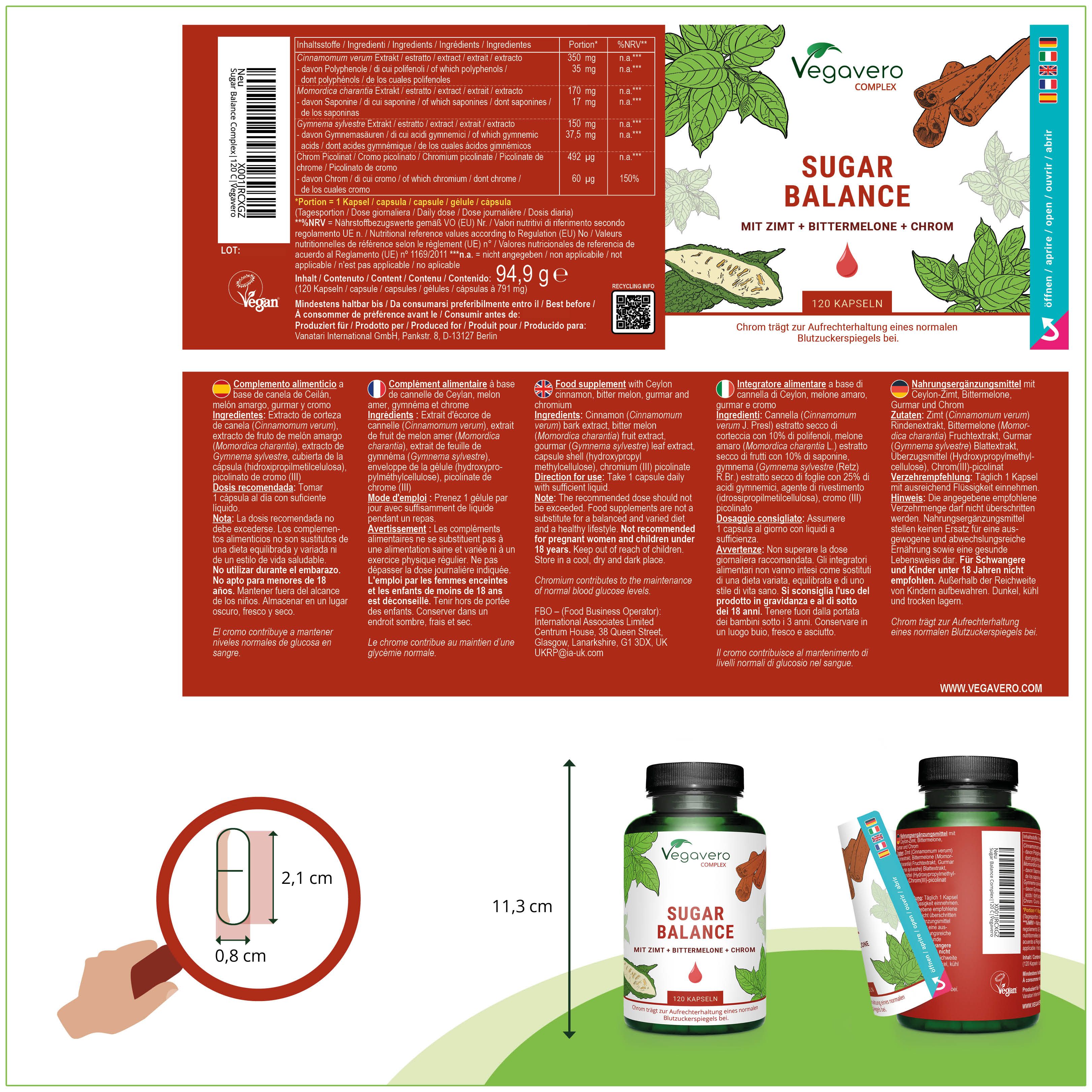Produktverpackung mit Flasche und Etikett. Flasche: Sugar Balance. Etikett mit Inhaltsstoffen und Nährwerten.