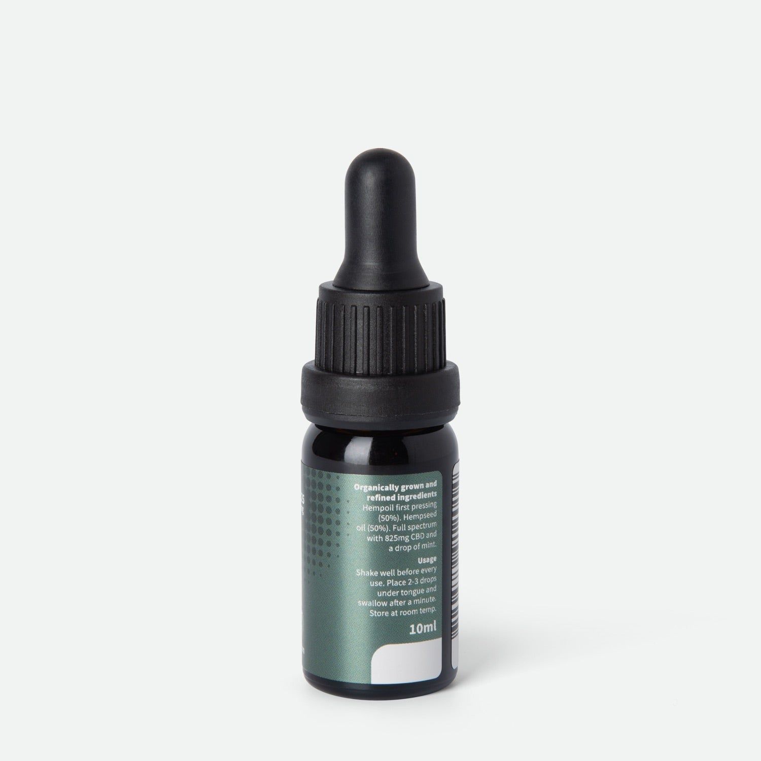 Rückseite einer CBD Öl Flasche mit Pipette, Etikett mit Inhaltsstoffen und "10ml".