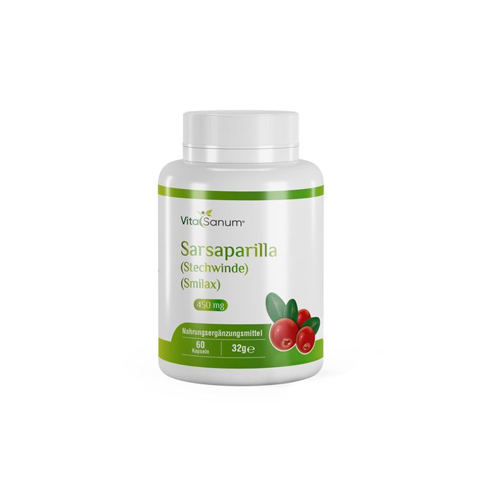 Witte fles met groen etiket. Opschrift: VitaSanum Sarsaparilla (Stechwinde) (Smilax), 450mg, 60 capsules.