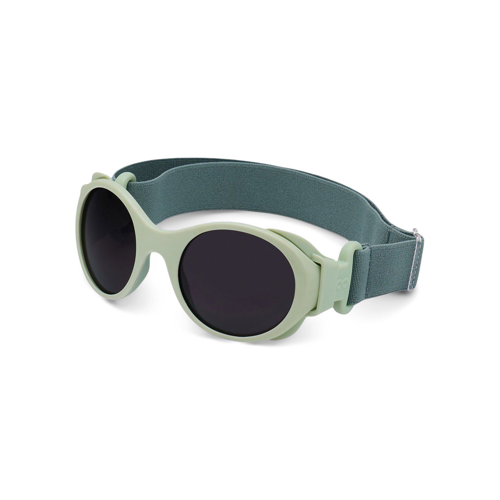 Grüne Sonnenbrille mit Brillenband. Runde Gläser, dunkle Tönung. Für Kinder.
