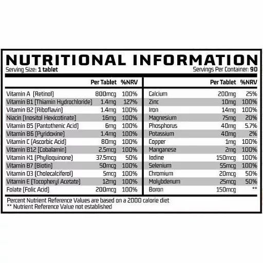 Nährwertangaben-Tabelle. Enthält Informationen zu Vitaminen und Mineralstoffen pro Tablette und %NRV.