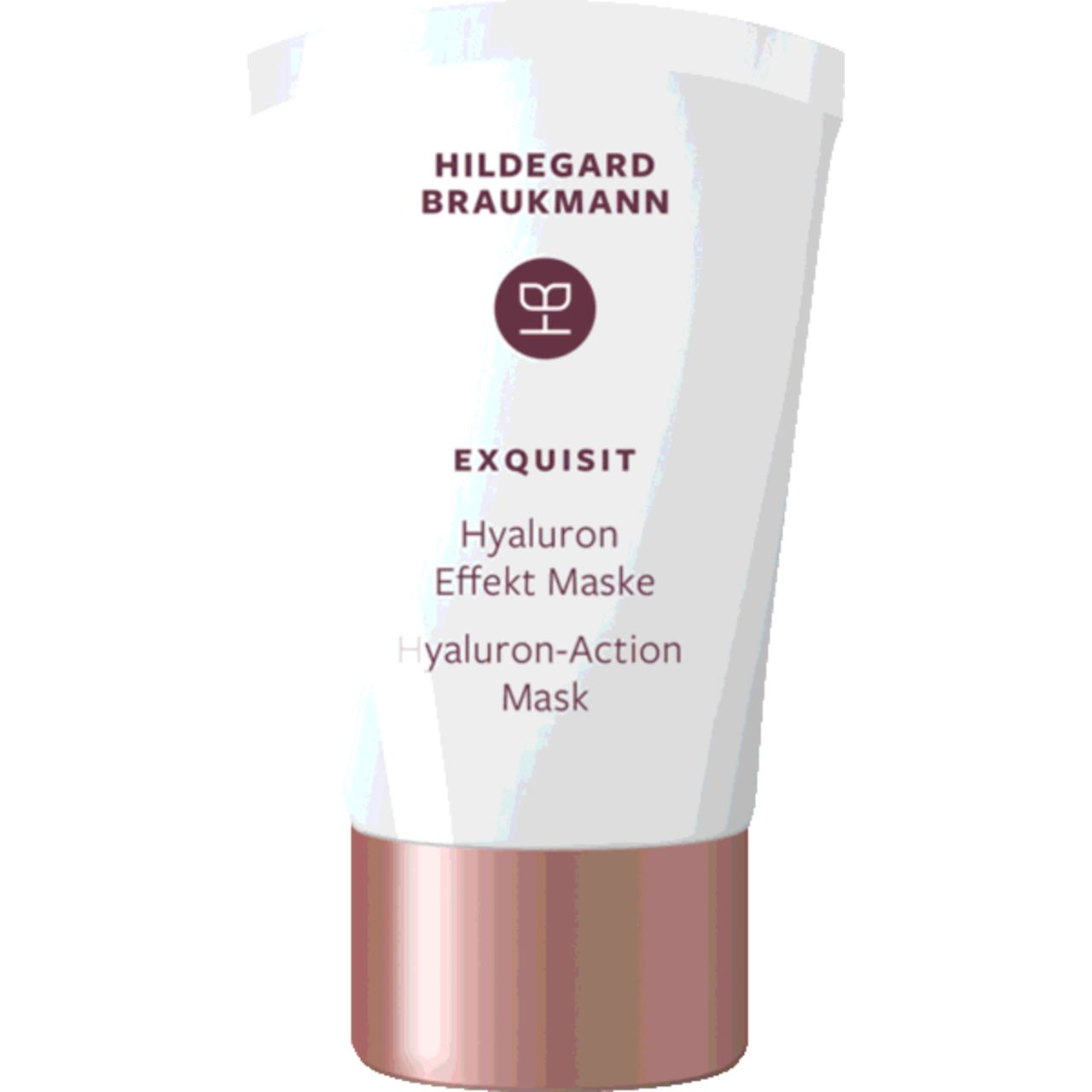 Hildegard Braukmann Exquisit Hyaluron Effekt Maske. Weiße Tube mit kupferfarbenem Boden. Produktname und Logo.