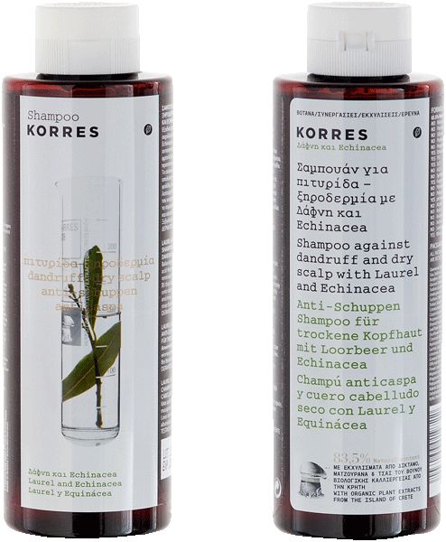 Zwei braune Shampoo-Flaschen mit weißen Deckeln. Beschriftung: KORRES, Shampoo gegen Schuppen und trockene Kopfhaut. Abbildung von Blättern.