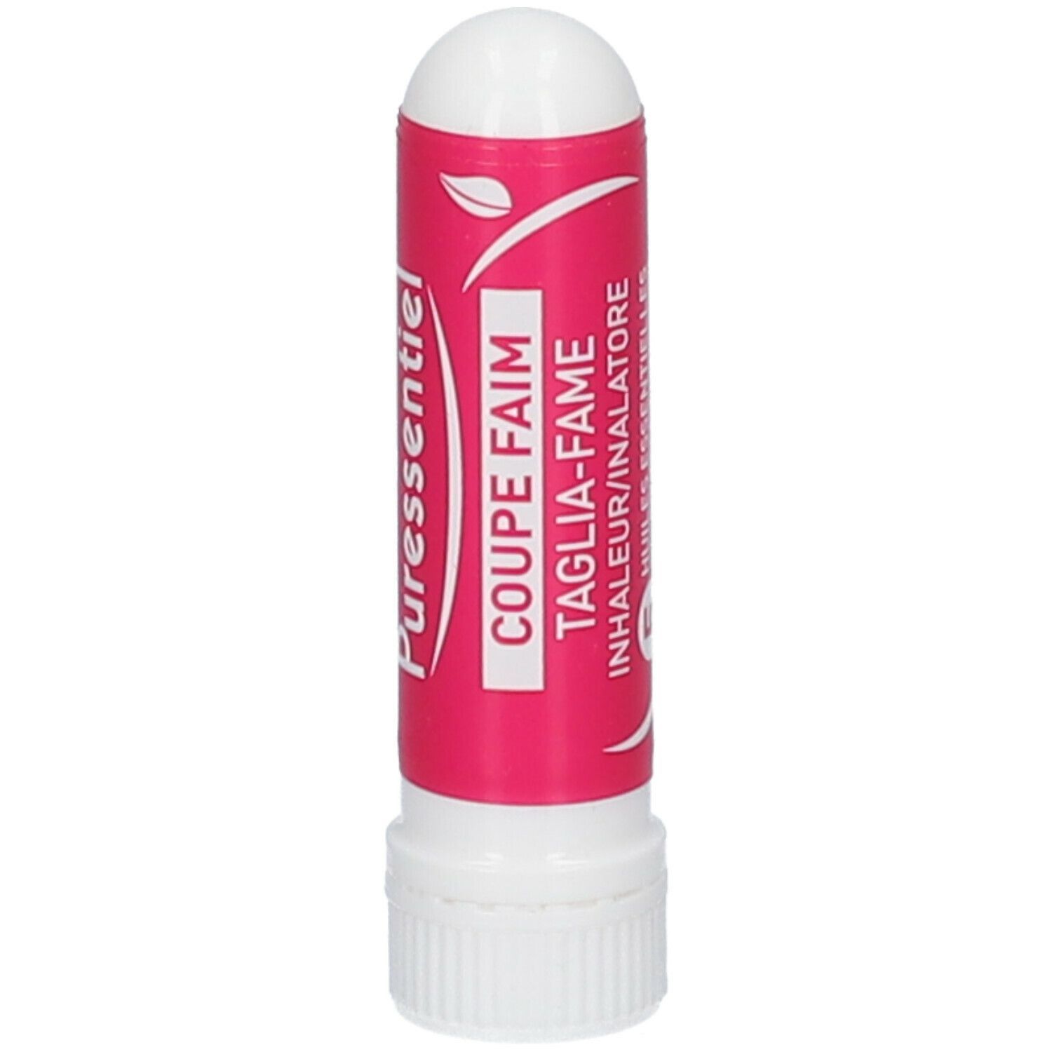 Inalatore bianco e rosa. Etichetta con testo: Coupe Faim, Inhalateur/Inalatore, Puressentiel. Simbolo foglia verde.