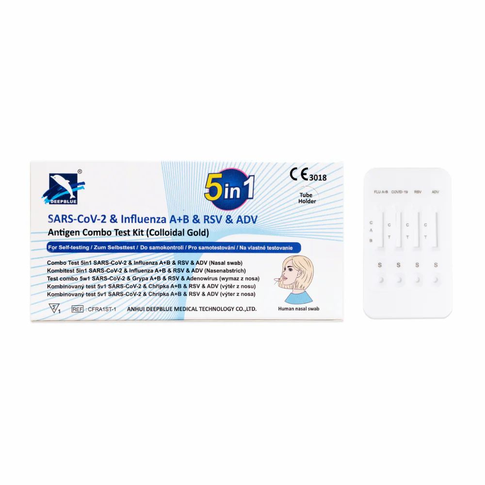 Kartonverpackung und Testvorrichtung. Aufschrift: 5in1 SARS-CoV-2 & Influenza A/B & RSV & ADV Antigen Combo Test Kit. Mit Tube Holder.
