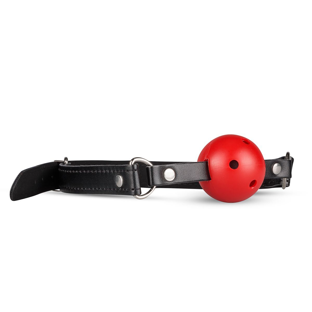 Schwarzer Leder-Mundknebel mit rotem Ball und Riemen. Metallring und Schnallen.