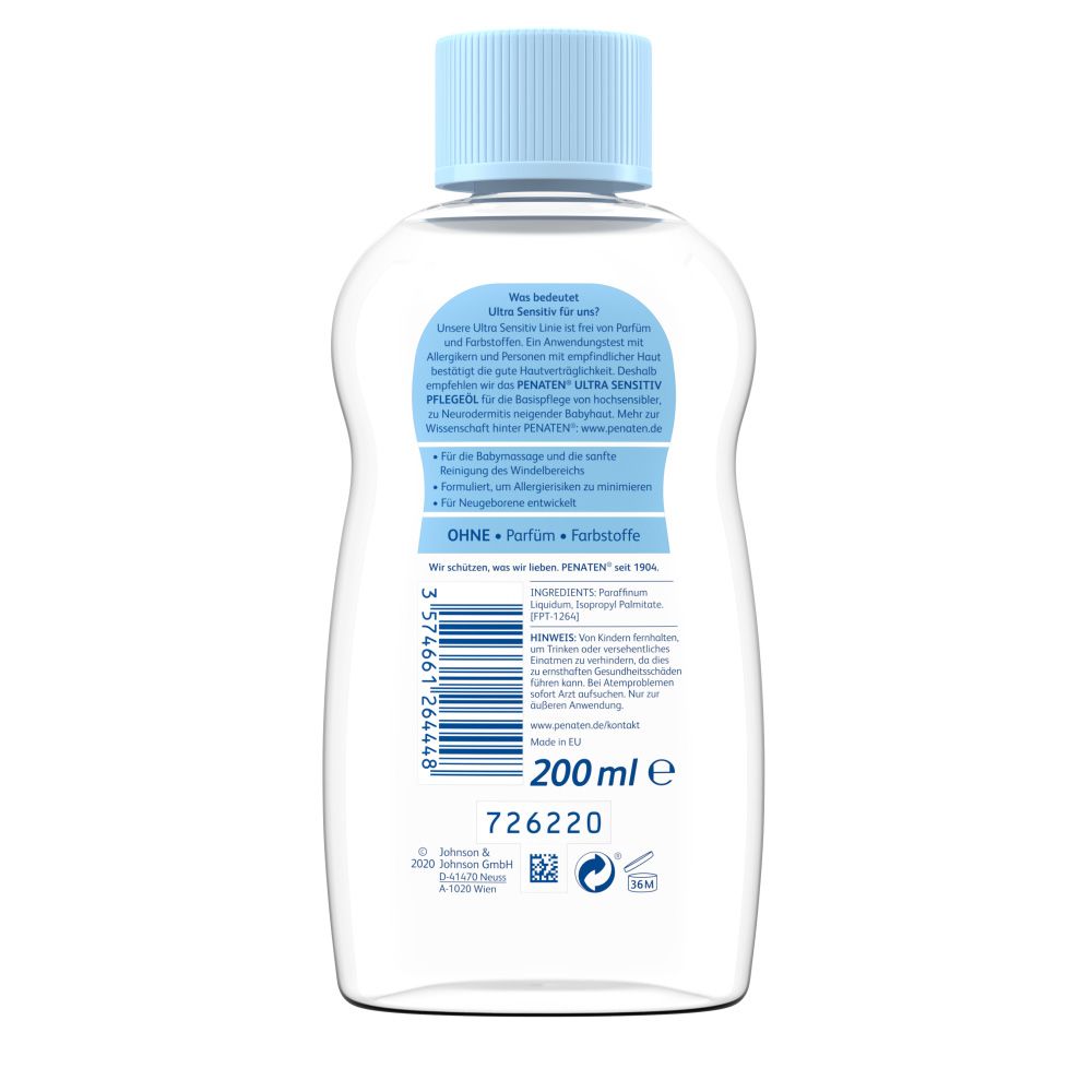 PENATEN® Ultra Sensitiv Pflegeöl Flasche. Rückseite. Text und Logo.