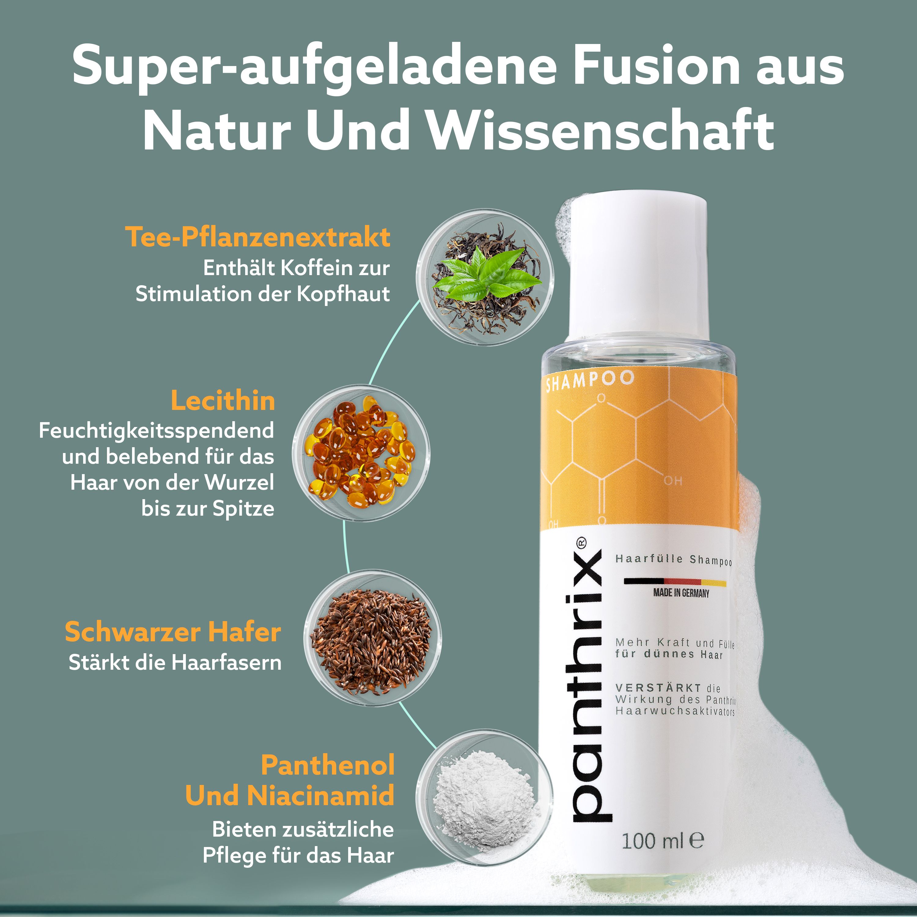 Flacon de shampooing avec ingrédients : Extrait de thé végétal, lécithine, avoine noire, panthénol et niacinamide. Texte : Fusion super chargée.