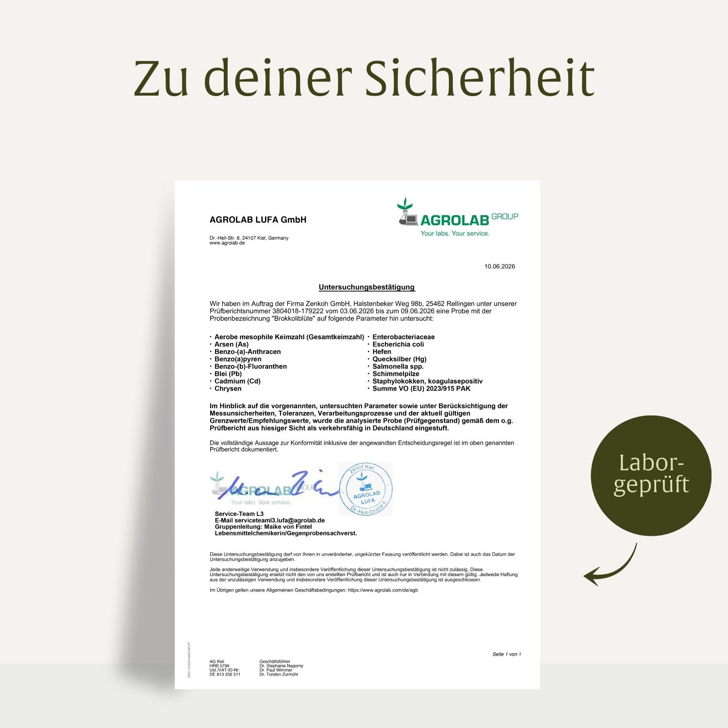 NATURTREU® Brokkoli Blüte: Laborbericht von AGROLAB GROUP zur Prüfung von Brokkoli-Extrakt Kapseln.