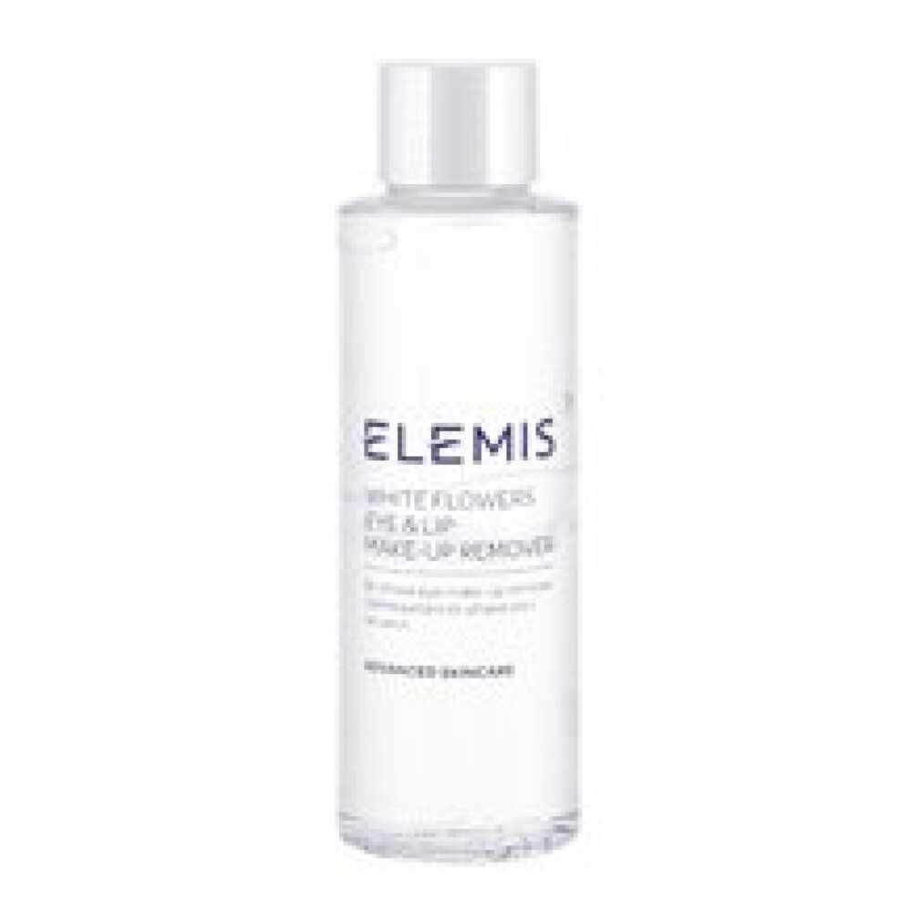Transparente Flasche mit weißem Deckel. Aufschrift: Elemis White Flowers Eye & Lip Make-Up Remover.
