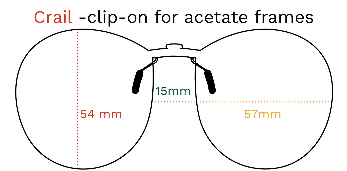 Skizze der Crail Clip-on für Acetatfassungen. Abmessungen: 54mm, 57mm, 15mm.