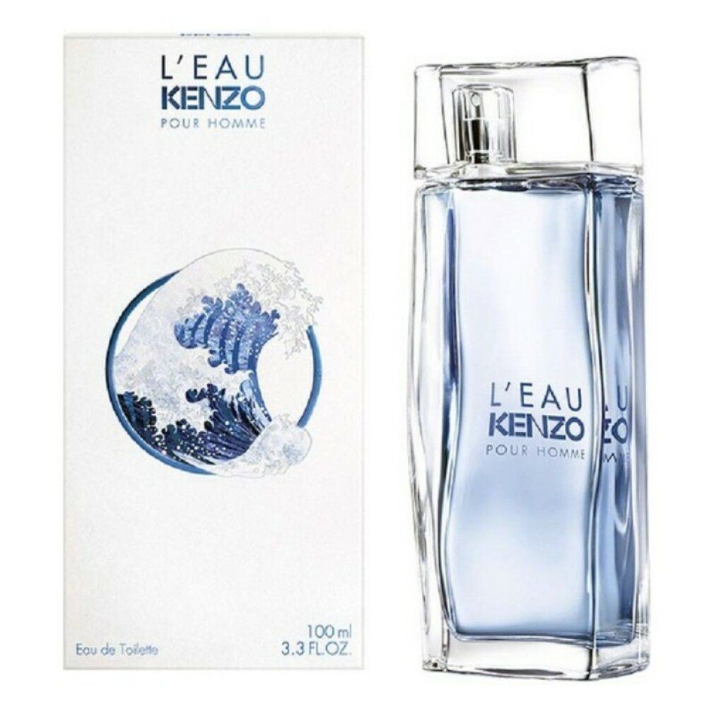 Kenzo L'Eau Kenzo Homme Eau de Toilette. Flakon und Verpackung. Wellenmotiv auf der Verpackung. Text: L'Eau Kenzo Pour Homme.