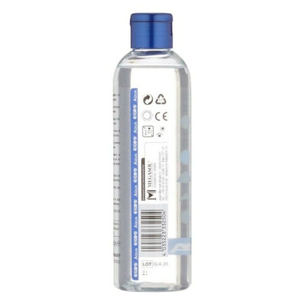 Rückseite einer klaren Flasche mit blauem Deckel. Etikett mit Text und Barcode.