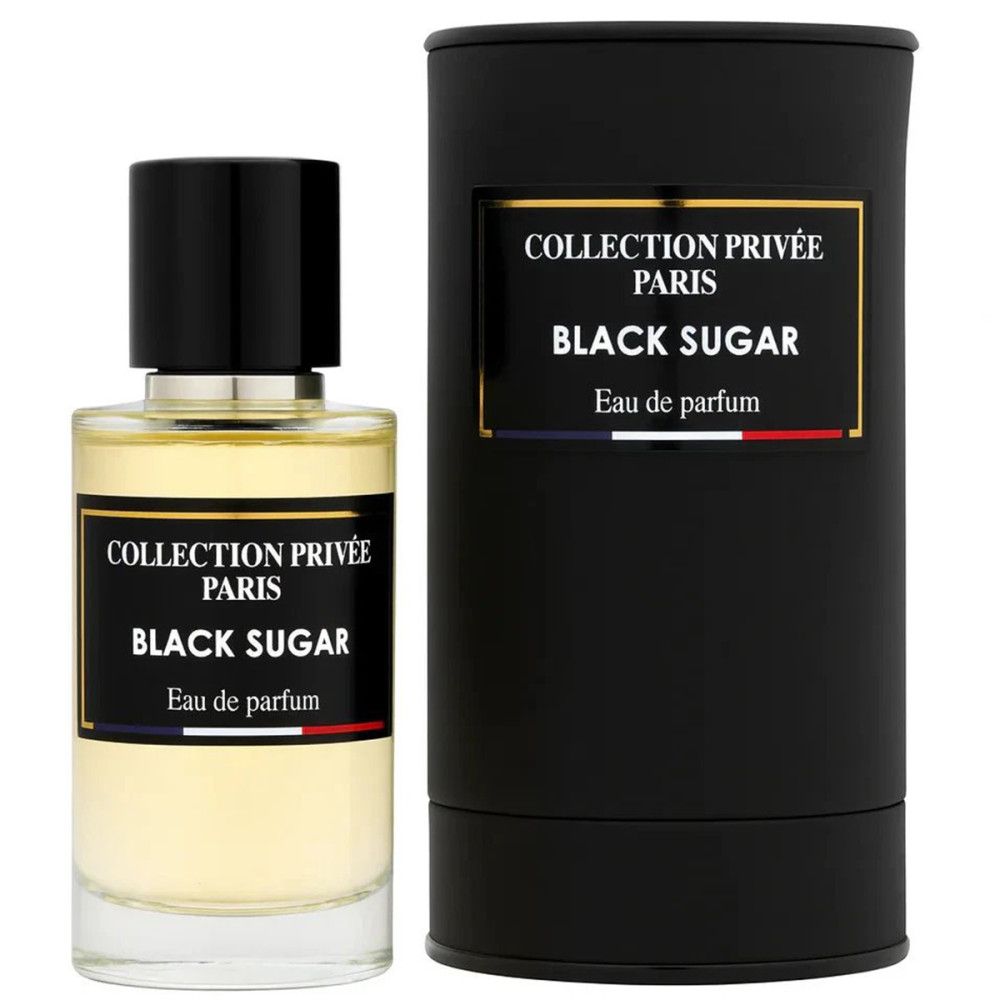 Parfümflasche und schwarze zylindrische Verpackung. Aufschrift "COLLECTION PRIVEE PARIS BLACK SUGAR Eau de parfum".